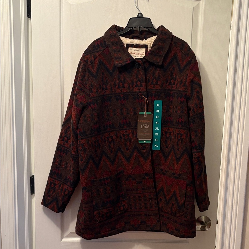 Weatherproof Red and Black Geometric Teddy Jacket
